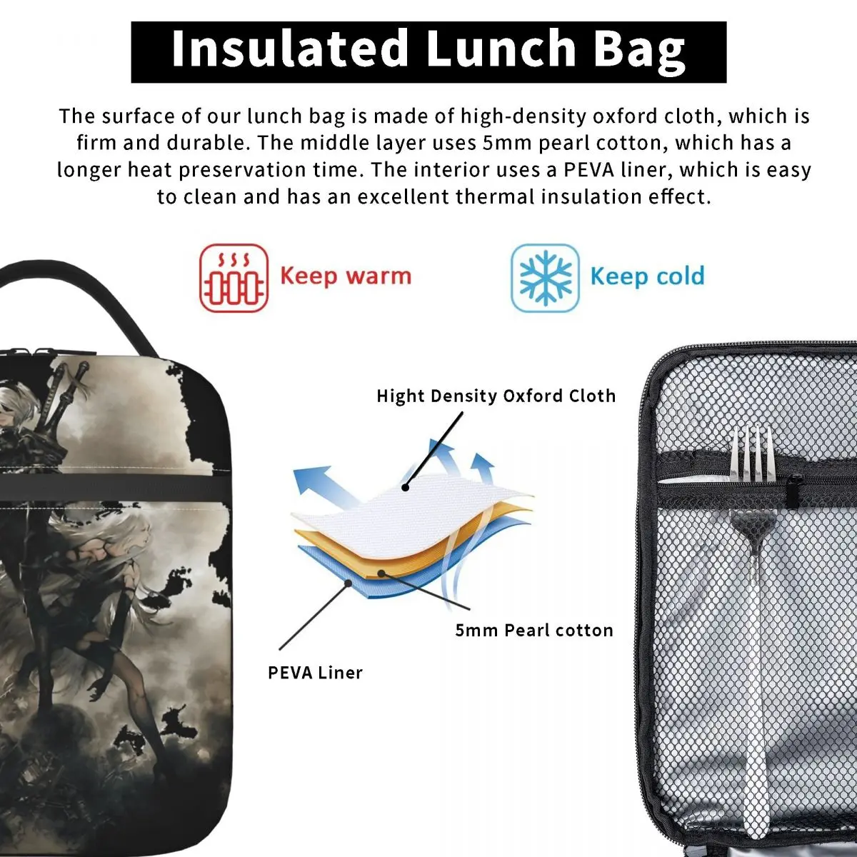 NieRAutomata 2B 日本ランチバッグ子供のためのプリント弁当箱かわいいオフィスクーラーバッグポータブルジッパーオックスフォードサーマルランチバッグ