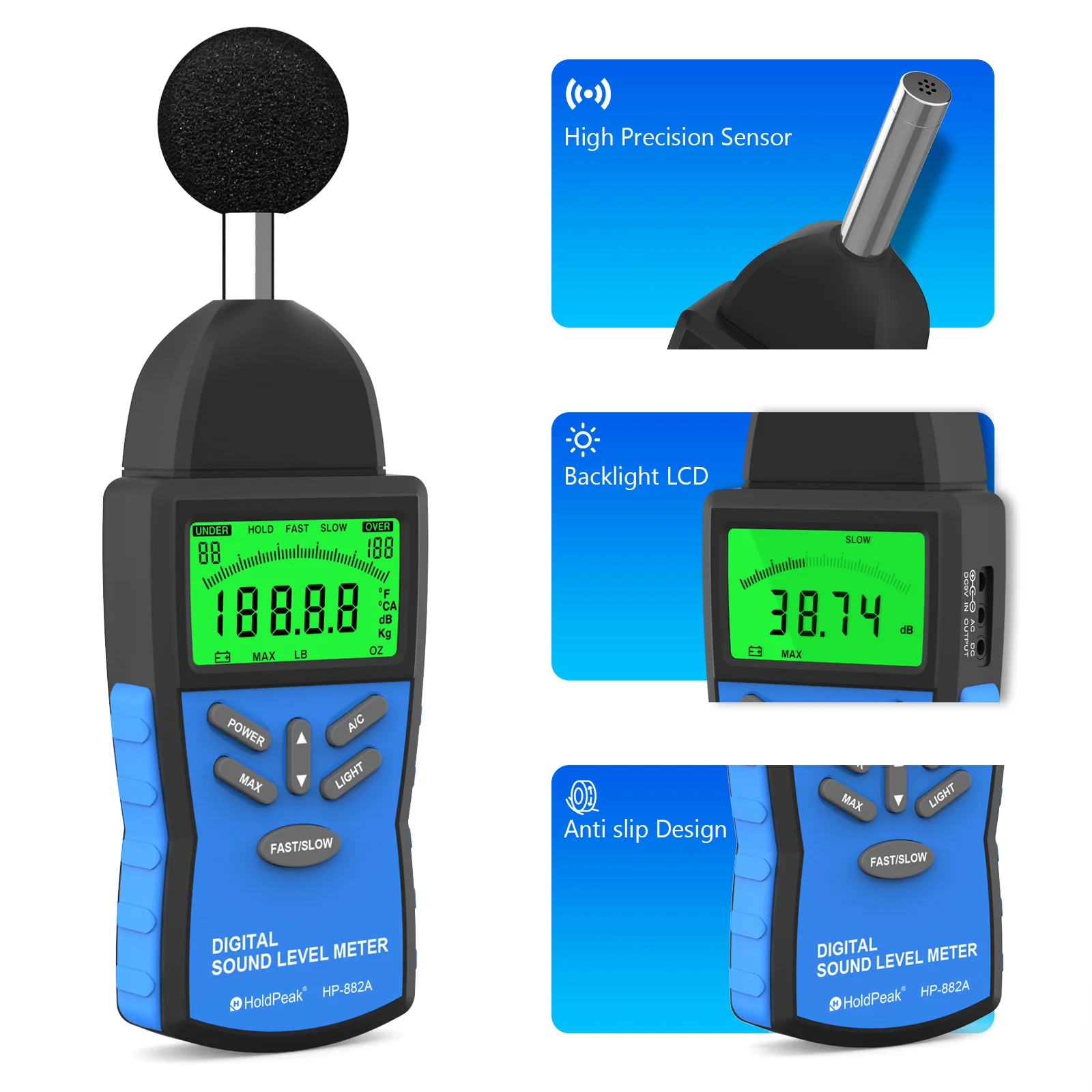 

Precision Sound Level Meter, Digital Decibel Tester for 30~130 dB Noise Volume Measurement with A/C Fast/Slow Weighting HP-882A