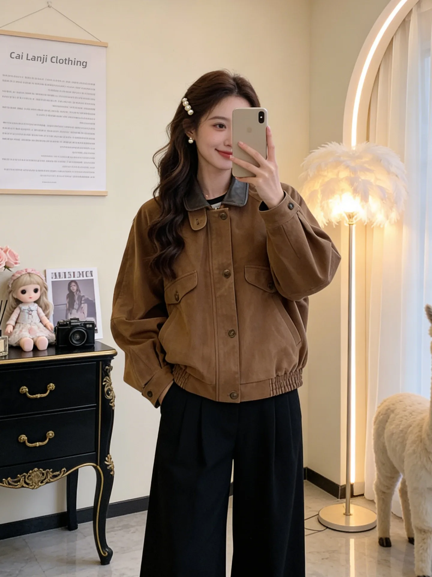 

Retro Brown Suede Jaet Women's Loose Casual Workwear Baseball Jaet Spring 2026 Coat Long Sve Pure Color Button Closure