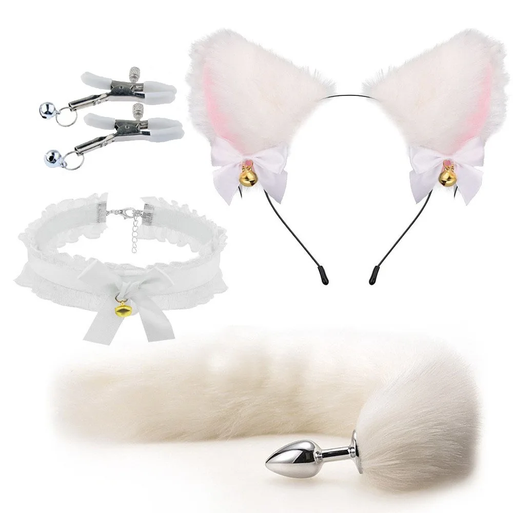 Cute Fox Tail Anal Plug Bow-Knot Soft Cat Ears Headbands Collar Erotic Cosplay Couples Accessories SM Sex Toys for Female Male