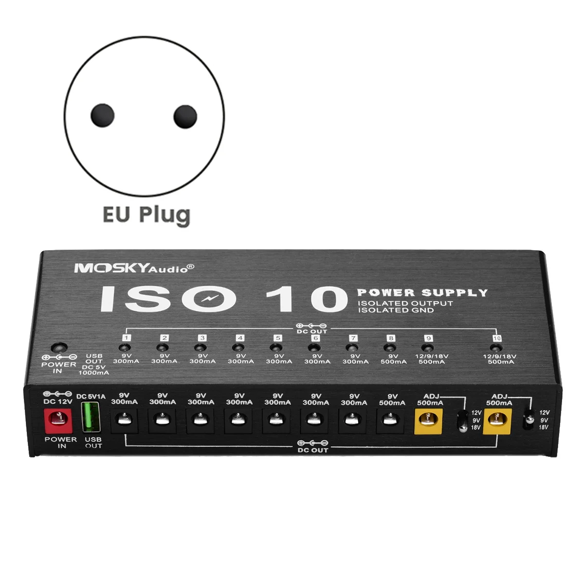 -10 Guitar Effect Pedal Power Supply 10 Isolated DC Outputs/ 5V USB Output,Protection Guitar Accessories EU Plug