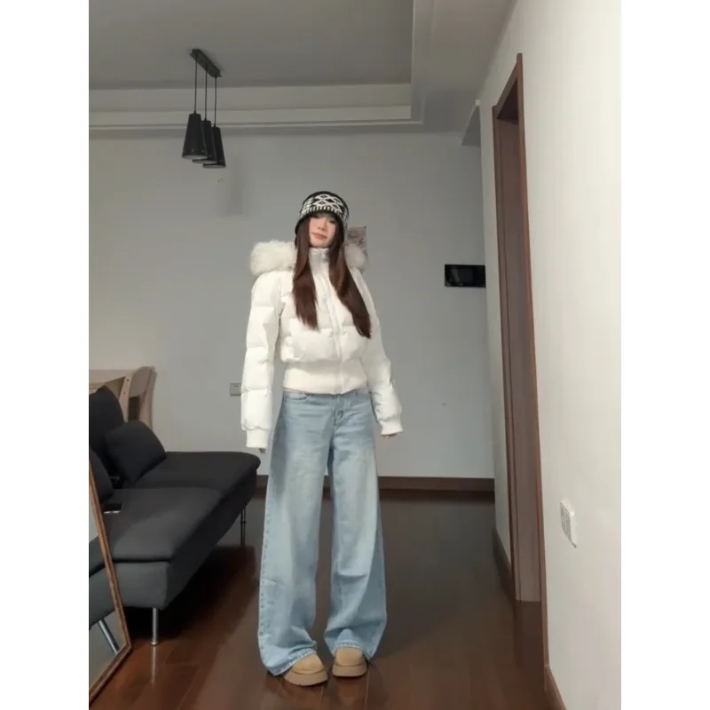 เสื้อแจ็คเก็ตขนเป็ดสั้นสำหรับผู้หญิง คอปกใหญ่ รัดเอว สำหรับฤดูหนาว เสื้อโค้ทลำลองแบบใหม่สำหรับคนตัวเล็ก