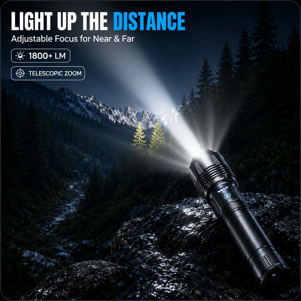 Powerful LED Flashlight Rechargeable 1800LM 8000mAh Telescopic Zoom USB C Power Bank COB Side Light 10 Modes IPX6 Outdoor Torch