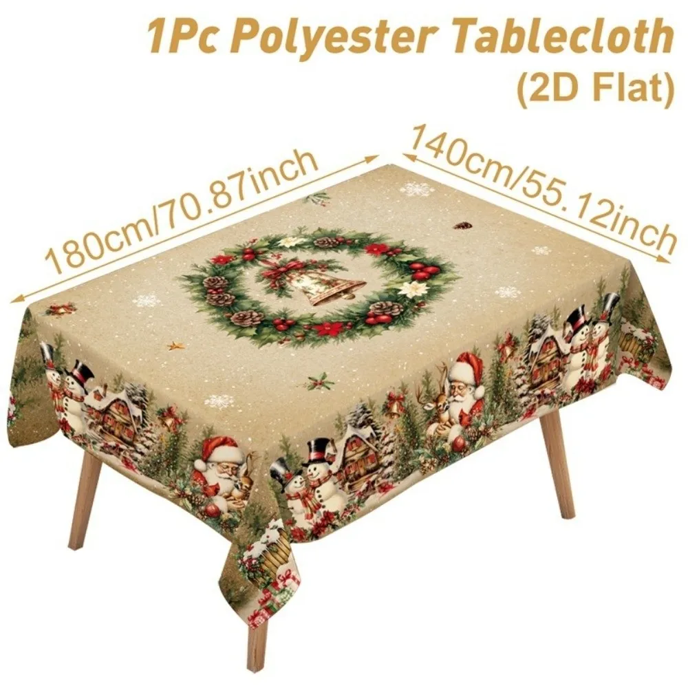 Polyester Christmas Tablecloth Round/Rectangle Santa Claus Print Holiday Table Decor Xmas Tablecloth New Year Celebration