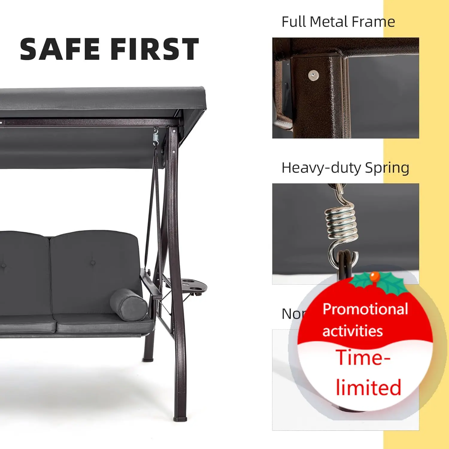 

Трехместные уличные качели-диван для террасы с улучшенным подстаканником 1,5 дюйма, регулируемым навесом, спинкой и всепогодной защитой