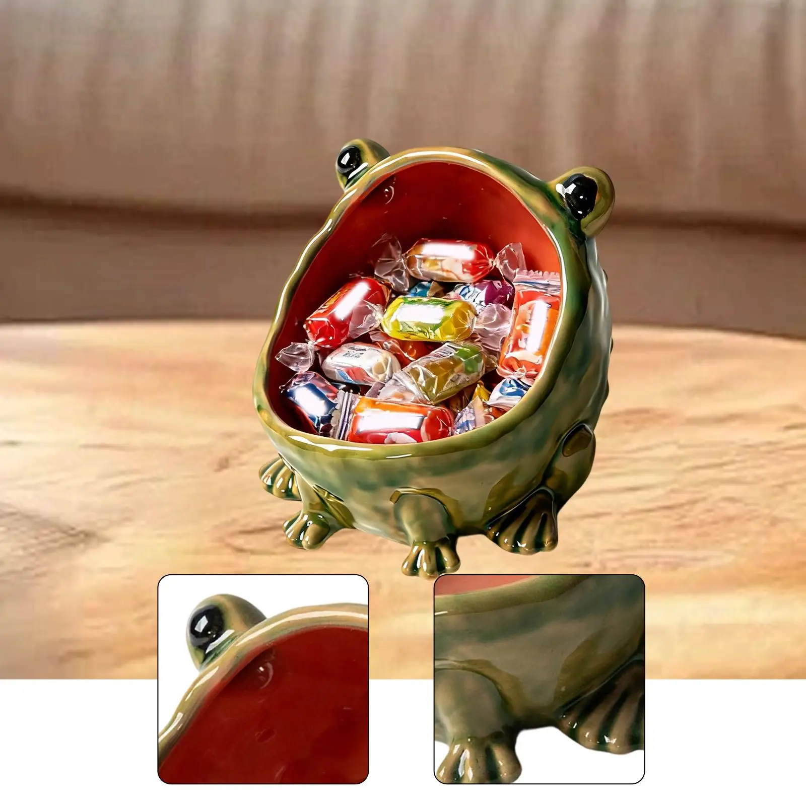 Big Mouth Frog Candy Dish Ceramic Key Bowl Animal Statue Tray Cute Container for Office Kitchen Counter