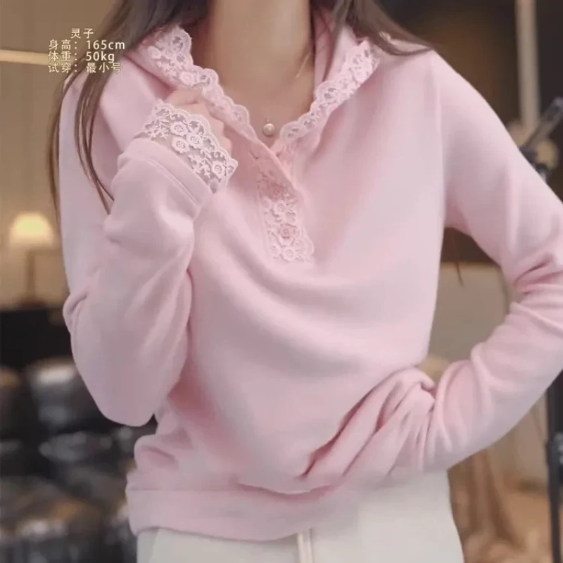 

Pink Lace Trim V Neck Long Sleeve T Shirt Sweet Style Women Casual Top Office Wear