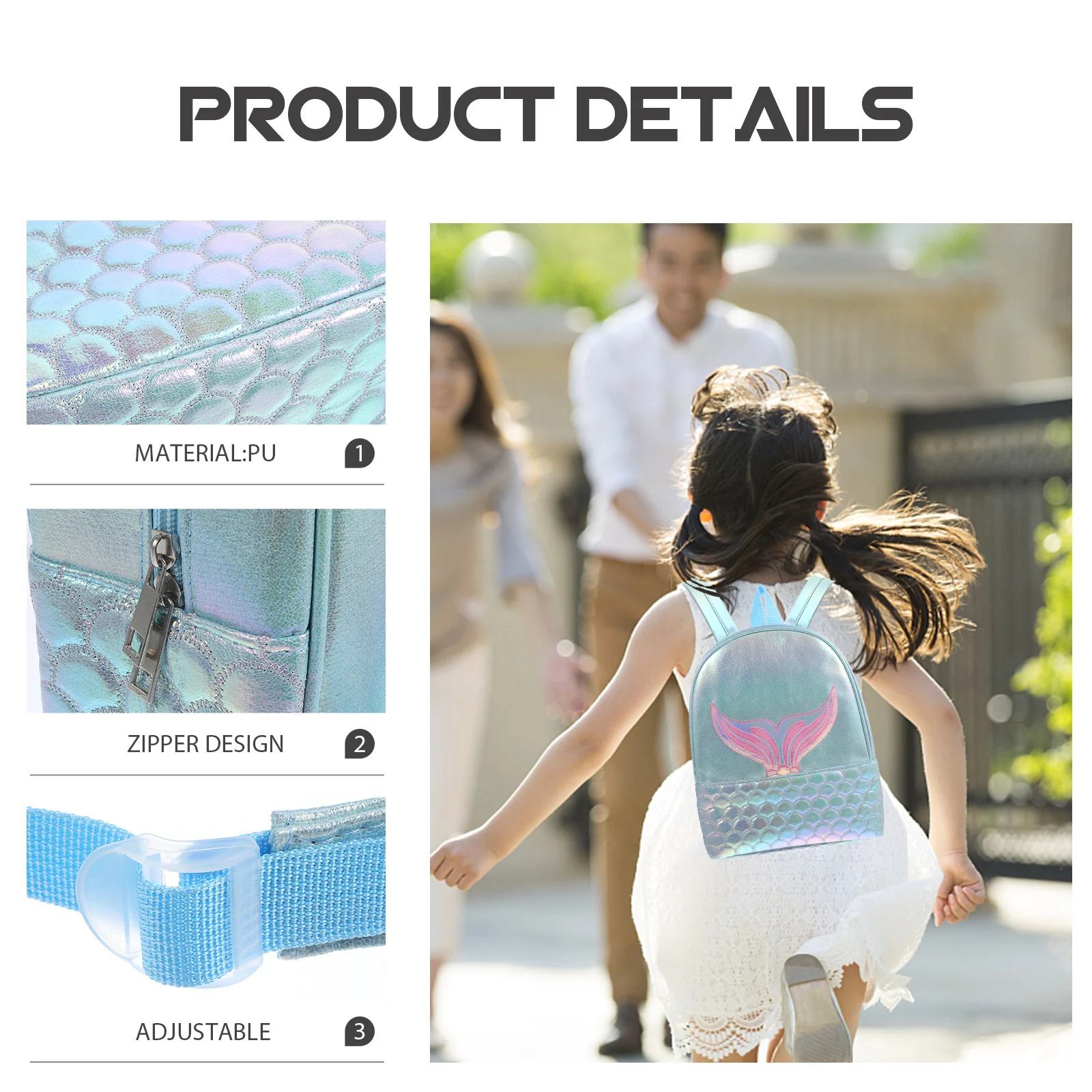 حقيبة ظهر مدرسية بحورية البحر بالليزر بسعة كبيرة وحزام كتف قابل للتعديل للسفر والمشي لمسافات طويلة في الهواء الطلق للفتيات المراهقات