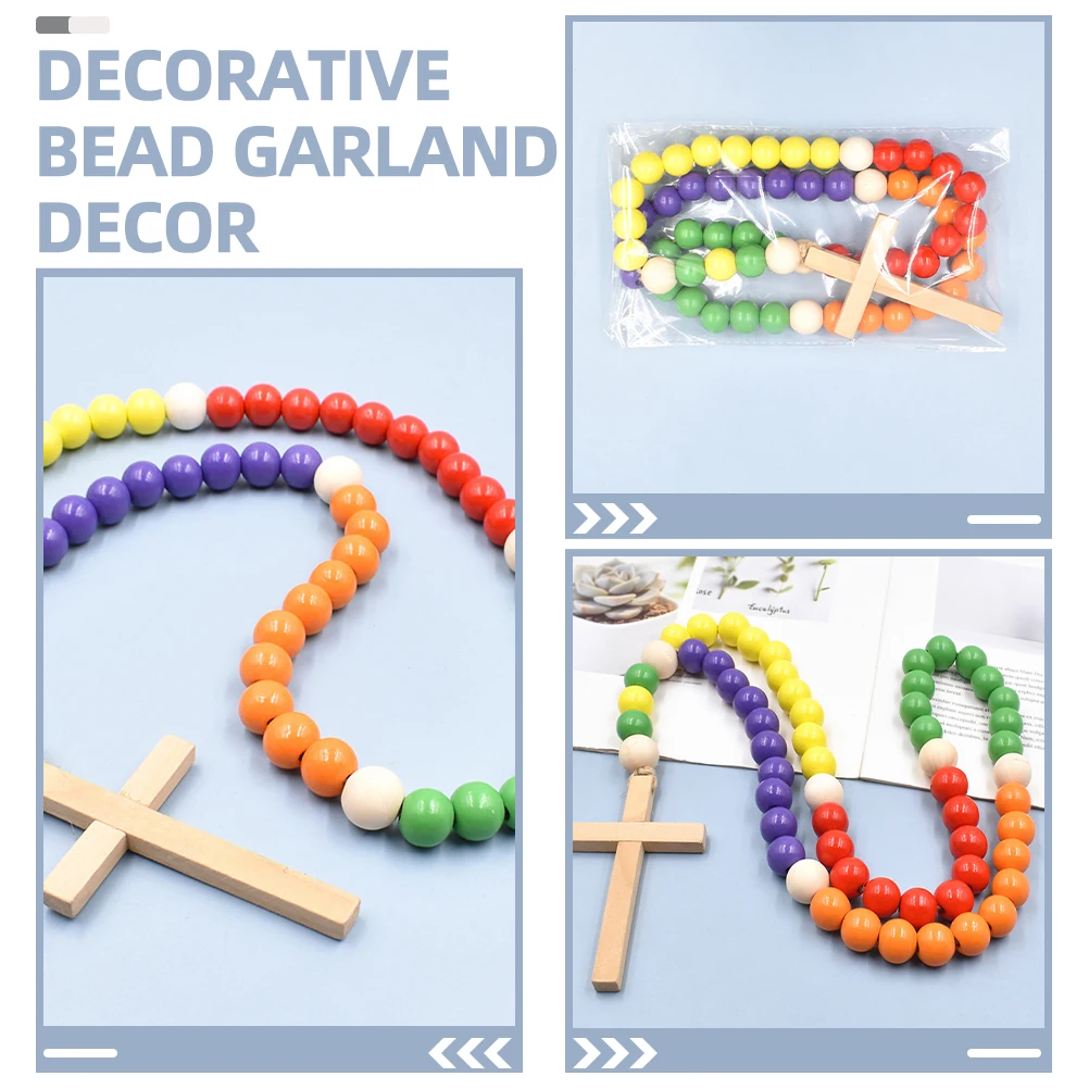 

Colorful Wooden Beads Garland Decorative Hanging String Farmhouse Rustic Cross Pendant Festive Wreath Garden Ornament