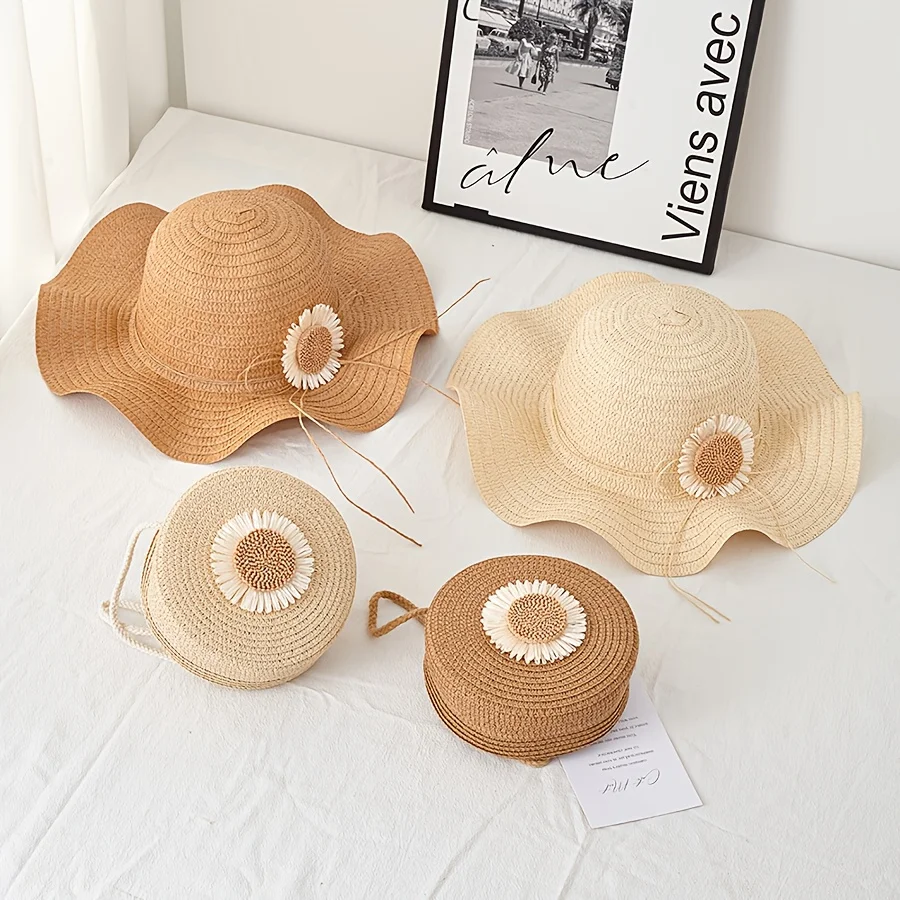 2pcs Set Fresh Sunflower Straw Sun Hat and Round Straw Crossbody Bag Packable Design Floppy Wide Brim Summer Beach Hat and Bag