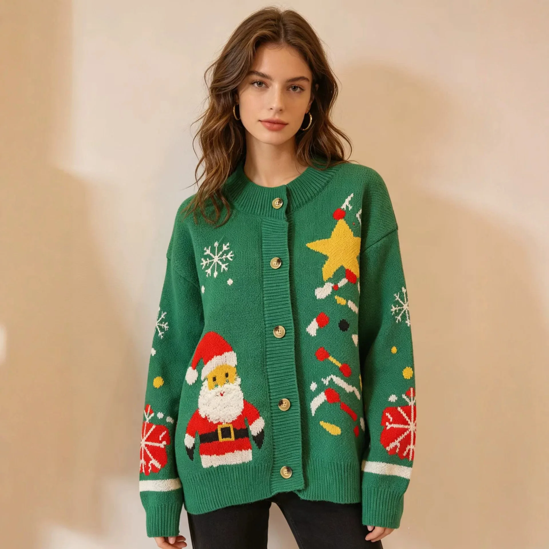 New Christmas Knit Cardigan V Neck Long Sleeve Button Down Sweater, Santa Gingerbread Man Snowman Pattern Xmas Knitted Outerwear