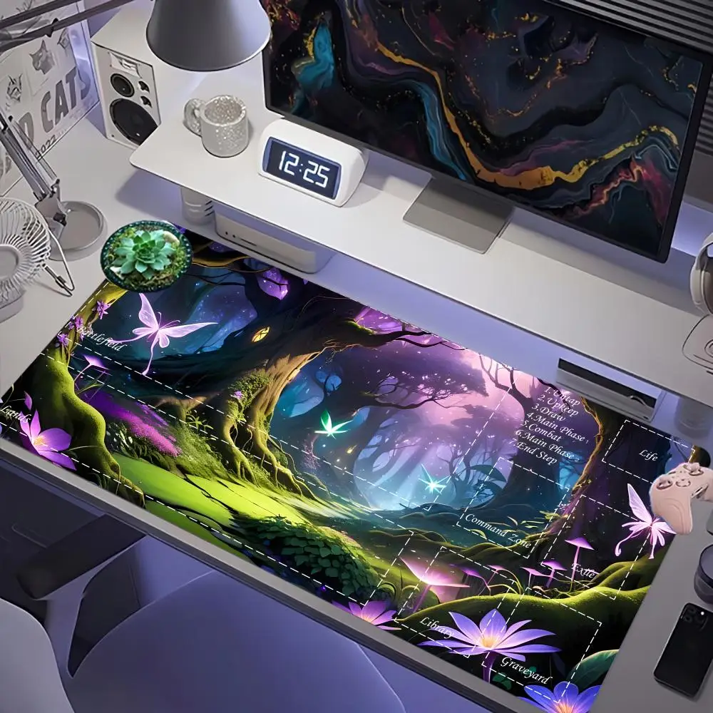 Magical Fairy Forest Playmat, Non-Slip Rubber Gaming Mat with Battlefield/Lands Zones, Glowing Butterfly TCG Mat, Magic Playmat