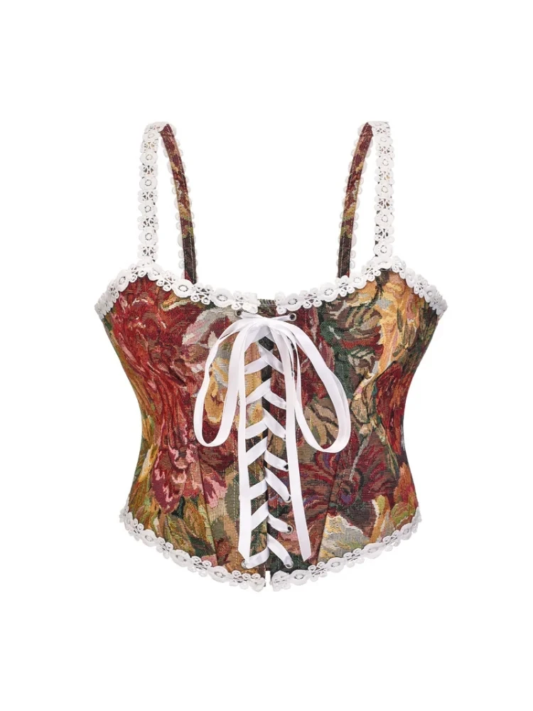 Vintage Sweetheart Floral Oil Painting Print Corset Fashion Printed Bustier Tank Top