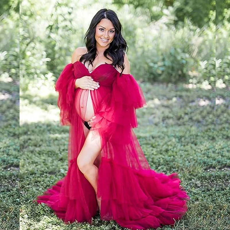 Elegant Tulle Cardigan Maternity Dress For Photoshoot Long Pleated Hem Pregnant Women Dress For Wedding Guest