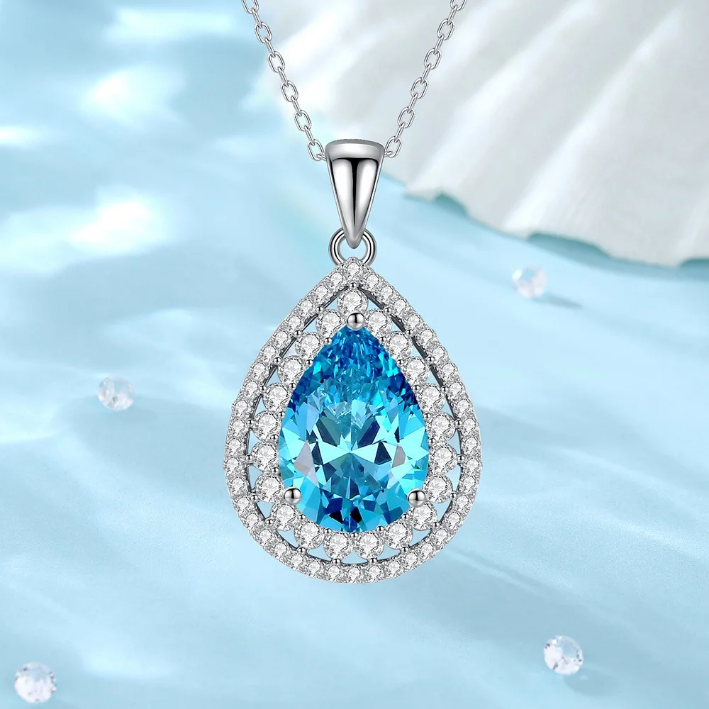 

Women's S925 Sterling Silver Aquamarine Necklace Water Droplet with 8A High Carbon Diamond Collarbone Jewelry Gift for Valentine