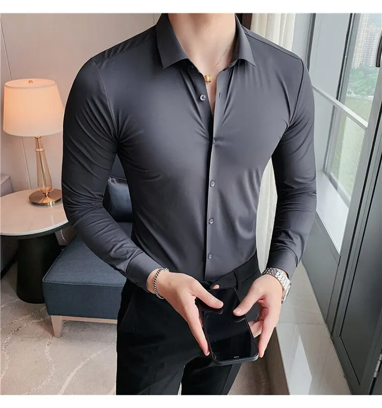 High-End Men\'s White Business Shirt, Silky, Comfortable And Seamless. Pressure-Free Rubber Pleats And Iron-Free Men\'s Shirt.