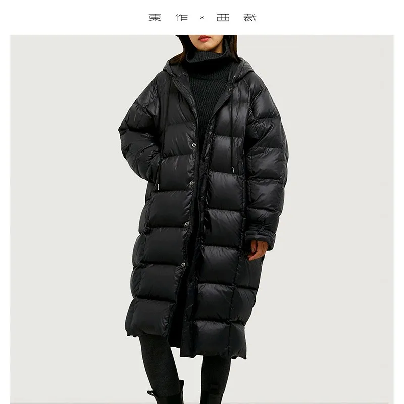 Füllstoff: Entendaunen ~ Lange Overknee-Daunenjacke im Paar-Stil, schwarzer Petite-Mantel, neues Wintermodell