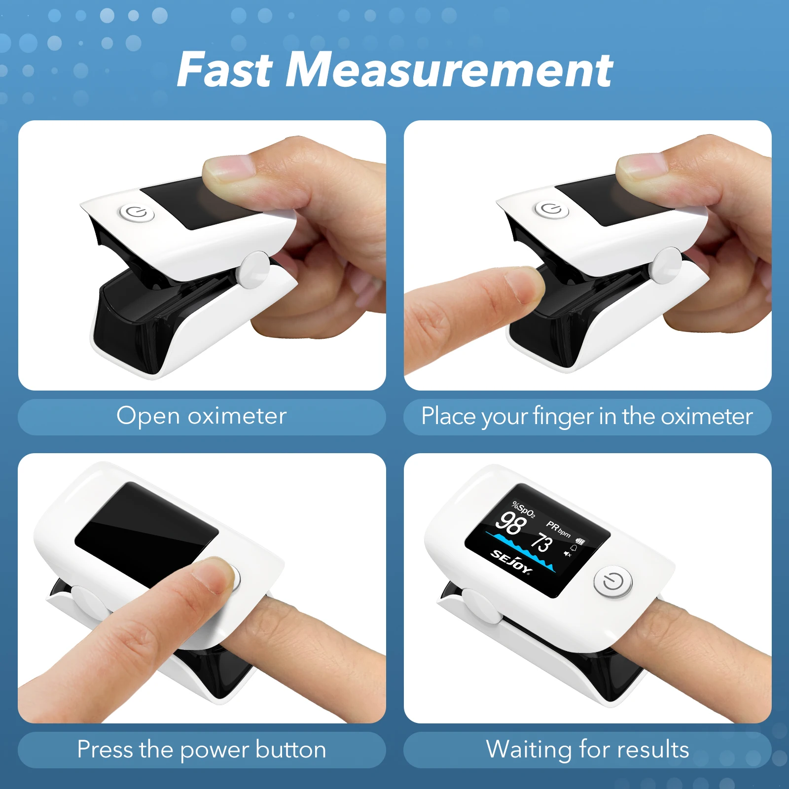 SEJOY مقياس التأكسج ببصمة الإصبع SpO2 مراقب تشبع الأكسجين في الدم مع مستشعر معدل ضربات القلب للبالغين والأطفال المسنين الرعاية الصحية المنزلية