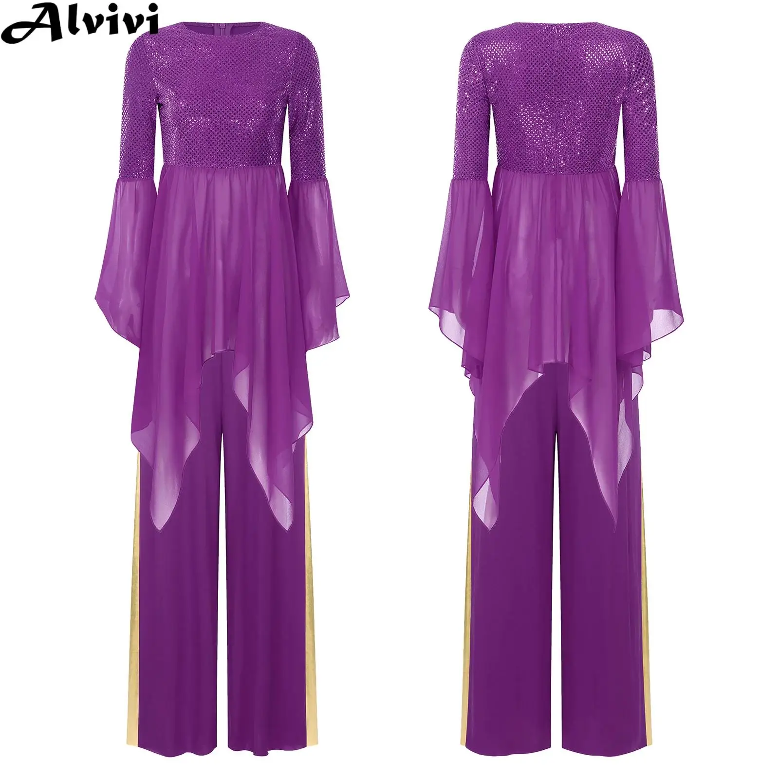 Women Lyrical Dance Church Choir Liturgical Worship Performance Costume Flared Sleeve Shiny Sequin Tunic with Wide-Leg Pants
