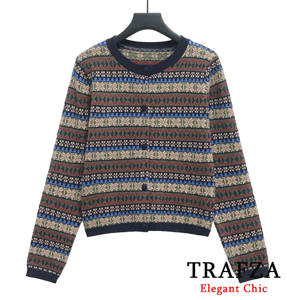 TRAFZA-Women Fair Isle Sweater O-Neck Buttons Knitted Cardigan New 2025 Fashion Spring Casual Festivities Holiday Slim Sweater