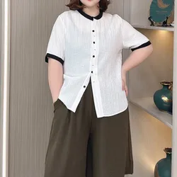 Plus Size Women's Shirt French Color Contrast Striped short-sleeved Tops Female Summer New Loose Thin Blouse