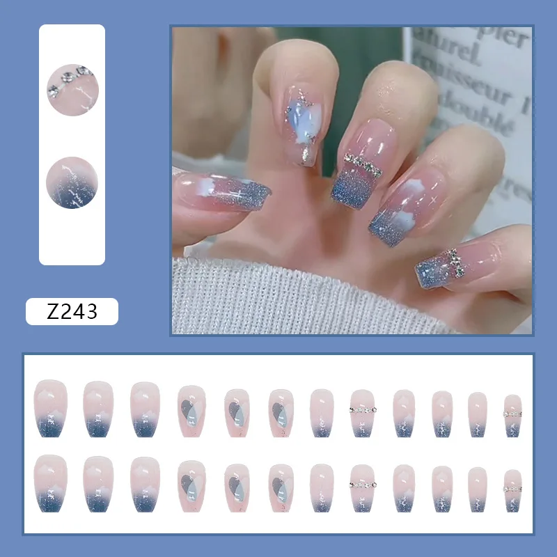 Unhas Postiças Destacáveis do Caixão, Cobertura Total, Céu Estrelado Azul com Diamante, Vestível, Longa Bailarina, Imprensa em Nails Art, Arte Francesa, 24Pcs