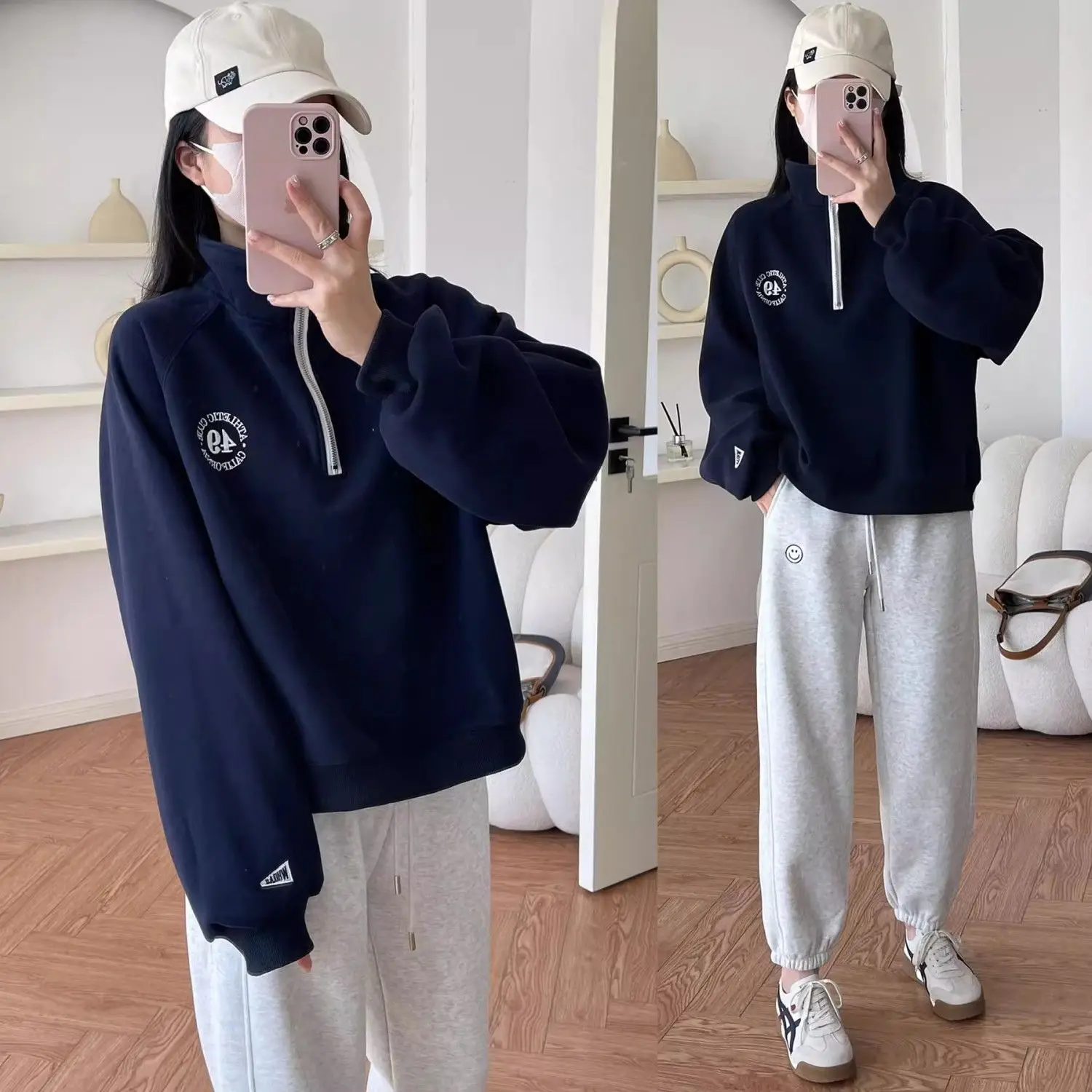 

High-End Embroidered Heavyweight Zipper Hoodie Long Sleeve Fleece Lined Thickened Sweatshirt Women's Outerwear Cotton