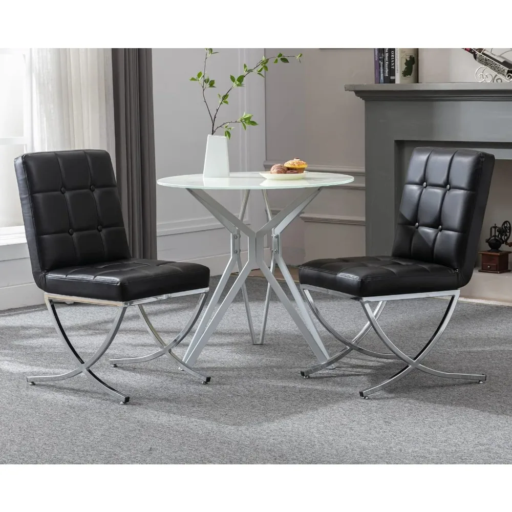 طقم كراسي طعام حديثة مكونة من قطعتين، مقعد منجد من الجلد الأسود مع كراسي معدنية من الكروم وظهر عالي معنقدة، بدون ذراع #5