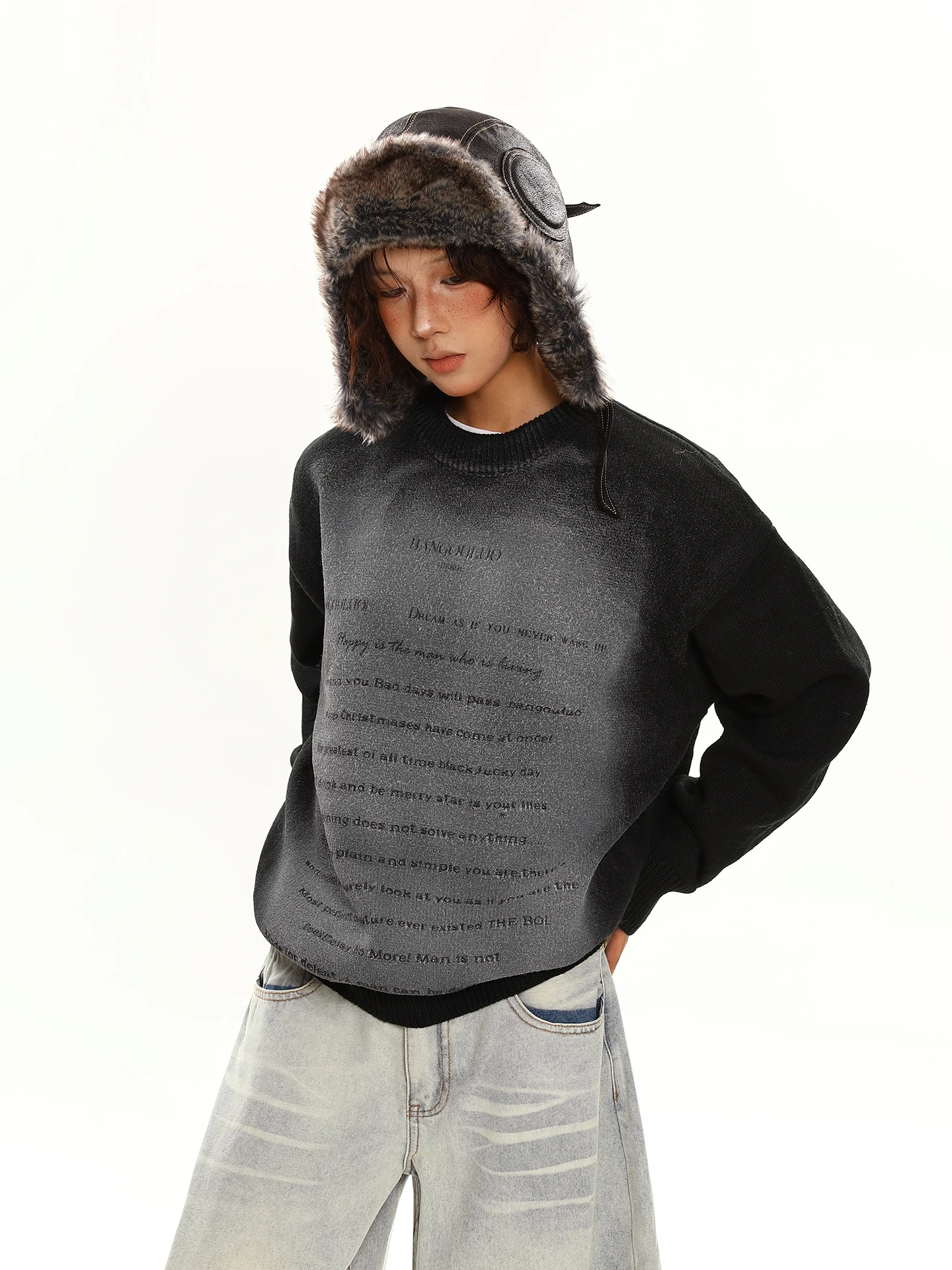 

Chen Zhanlao Store American Retro Letter Print Dyeing round Ne Sweater Women Autumn Winter Lazy Loose Casual Top