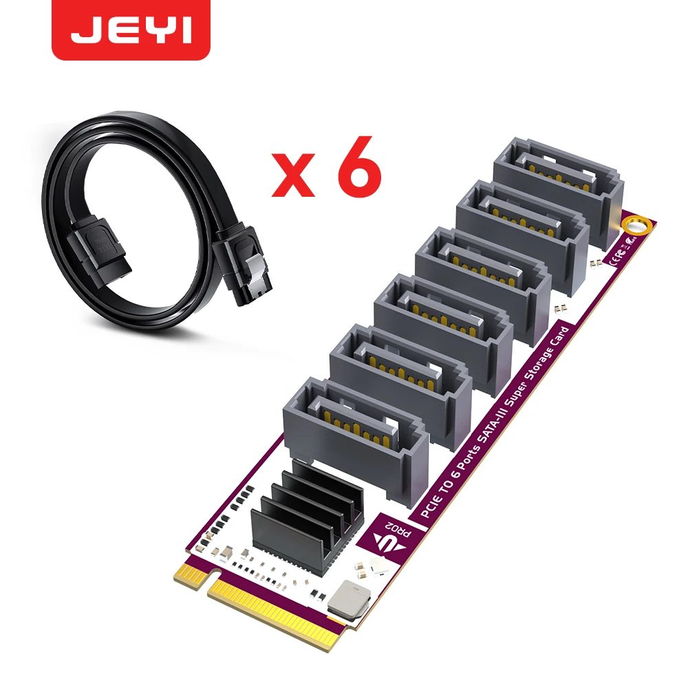 JEYI M.2 naar SATA Adapter 6-poorts M-Key naar SATA 3.0-kaart 6Gbps Ondersteuning SSD/HDD voor desktop-pc RTL9100-chip met LED-indicator
