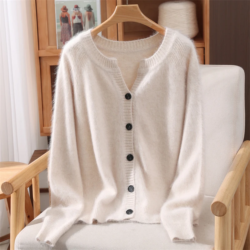 

Новый 100% норковый кашемировый кардиган, женский свитер с воротником-ножницей, однотонный кашемировый свитер, повседневный свободный вязаный топ