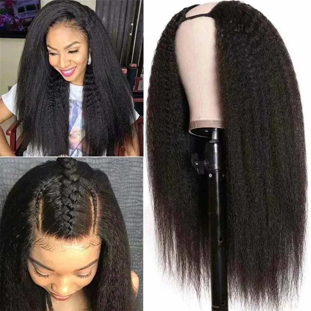 

Kinky Straight U Part Wig Human Hair Wigs With Bangs No Leave Out 180% Density Yaki Straight U Part Human Hair Wig For Women