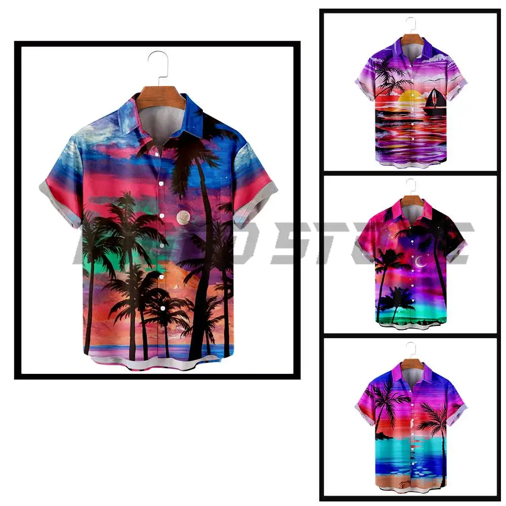 

Casual Hawaiian Beach Button Down Shirts For Men SunSet Coconut Palm Turndown Oversized Size Outdoor Street Short Sleeve Shirt