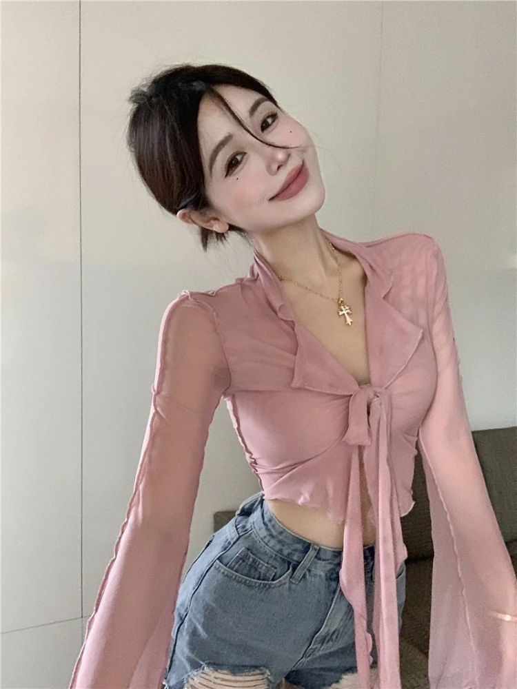 Hotsweet Flare Sleeve Blouses Women Sheer Sexy Fashion Korean Style Transparent Crops Clubwear Summer Thin Party Solid Clothes