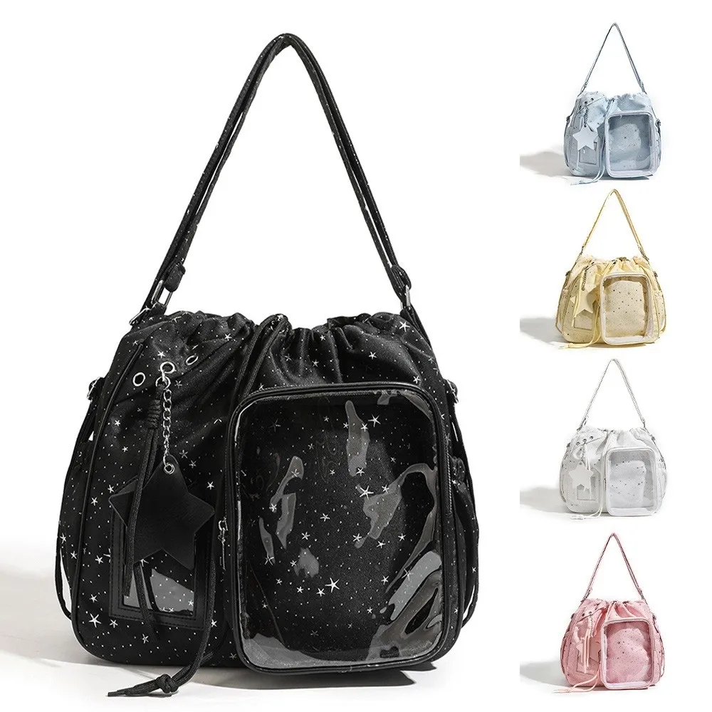 Kawaii Large-Capacity Student Backpack Stars Print Clear Pentagram Backpack Drawstring Double-Shoulder Bag Junior High School