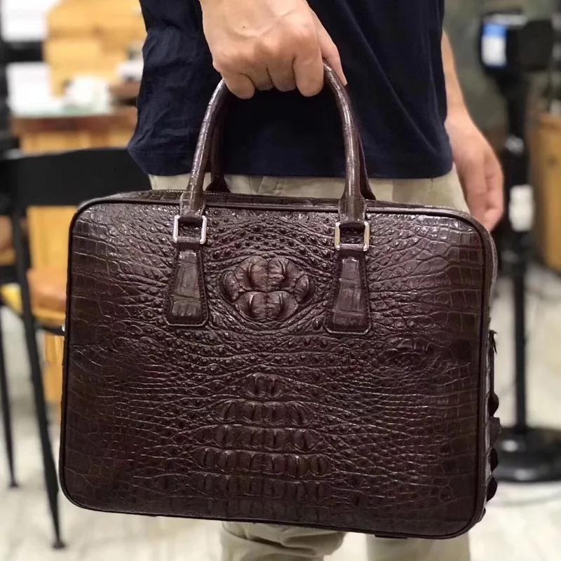 Crocodilo pele tailandesa crânio maleta masculina casual verdadeira backbone bolsa de couro saco de escritório de negócios сумка муж yisртфель сумки