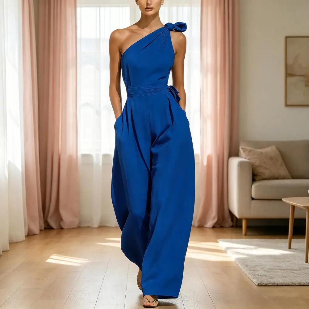 

Girls Casual Jumpsuit Women's Sleeveless One Shoulder Jumpsuit Casual High Waisted Wide Leg Romper Beach Vacation Outfits