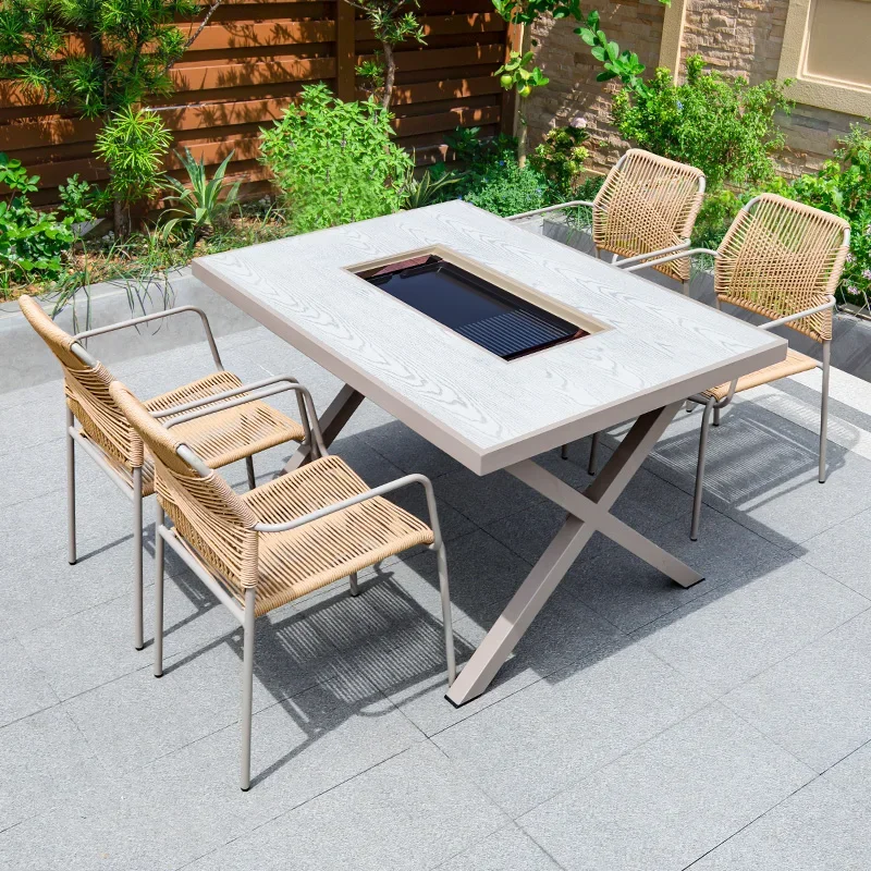 gr-Modern Metal Wood Grain Design Round Outdoor Dining BBQ Table And Chair Aluminum Backyard Party Furniture Set