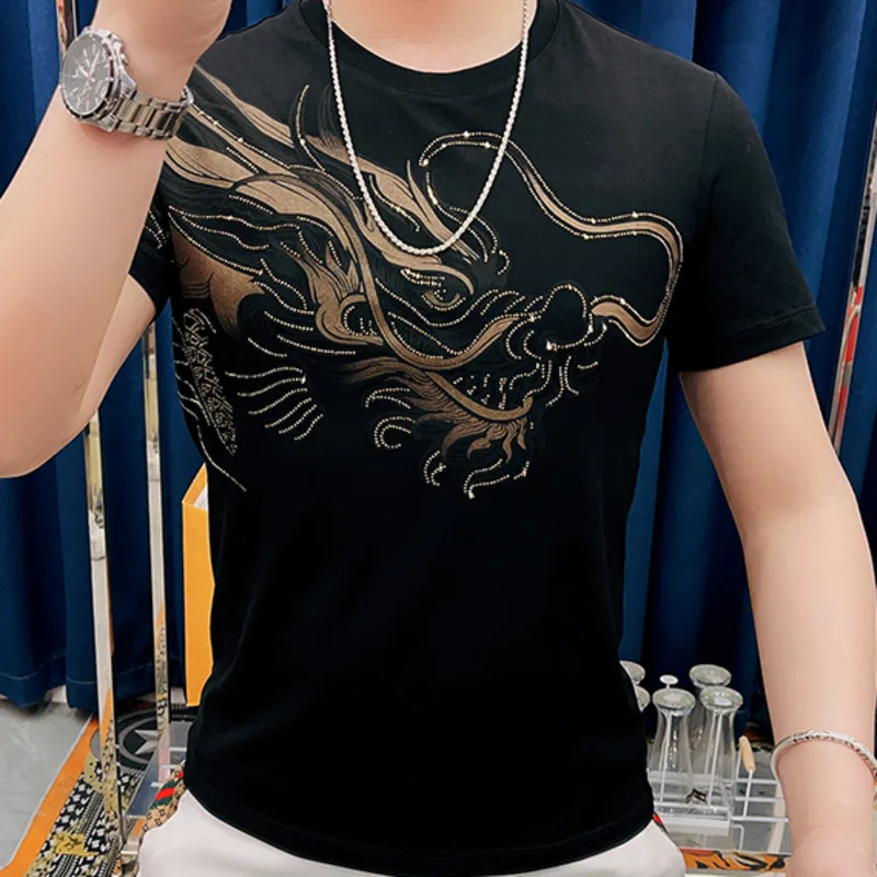 Fashion Men's Clothing Tenglong Heavy Industry Rhinestone Round Neck Short Sleeve Men Tshirt Social Club Outfits Tee Shirt Homme