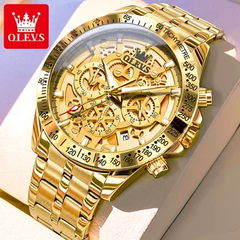 OLEVS mens watches gold luxury Hollow Out style original Quartz watch for man waterproof luminous chronograph date 24 hours