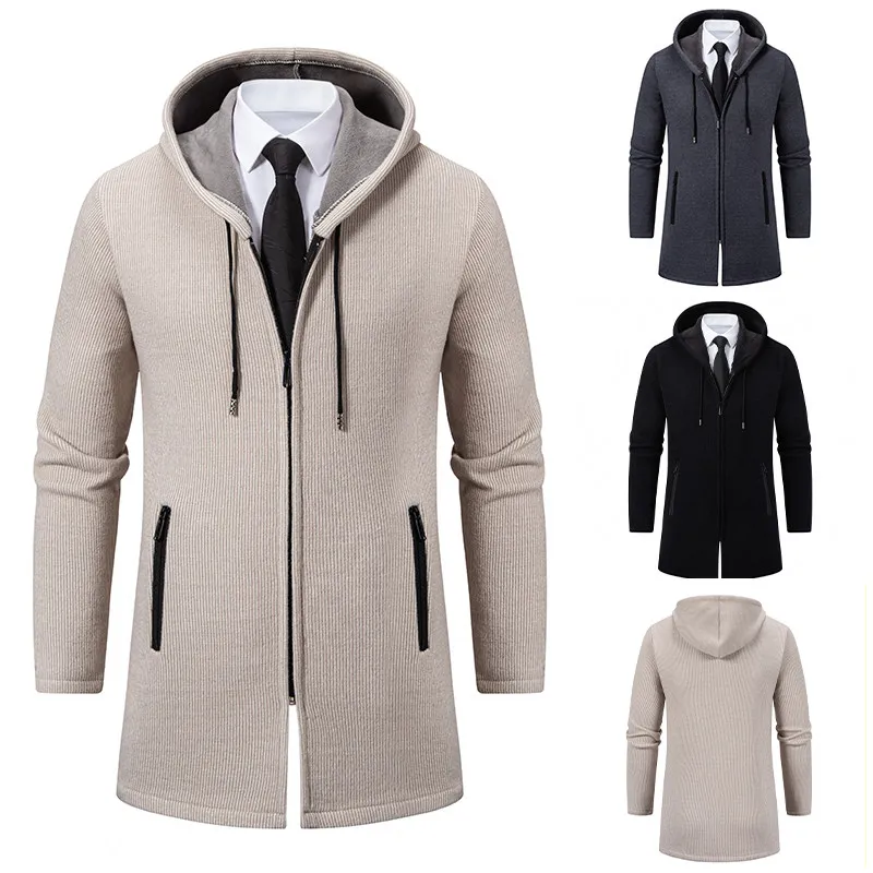 

Men's Casual Knitted Jaet Winter Faion Ci Sle Fce Lined Versatile Long Zipper Coat Soft Polyester Blend Thiened