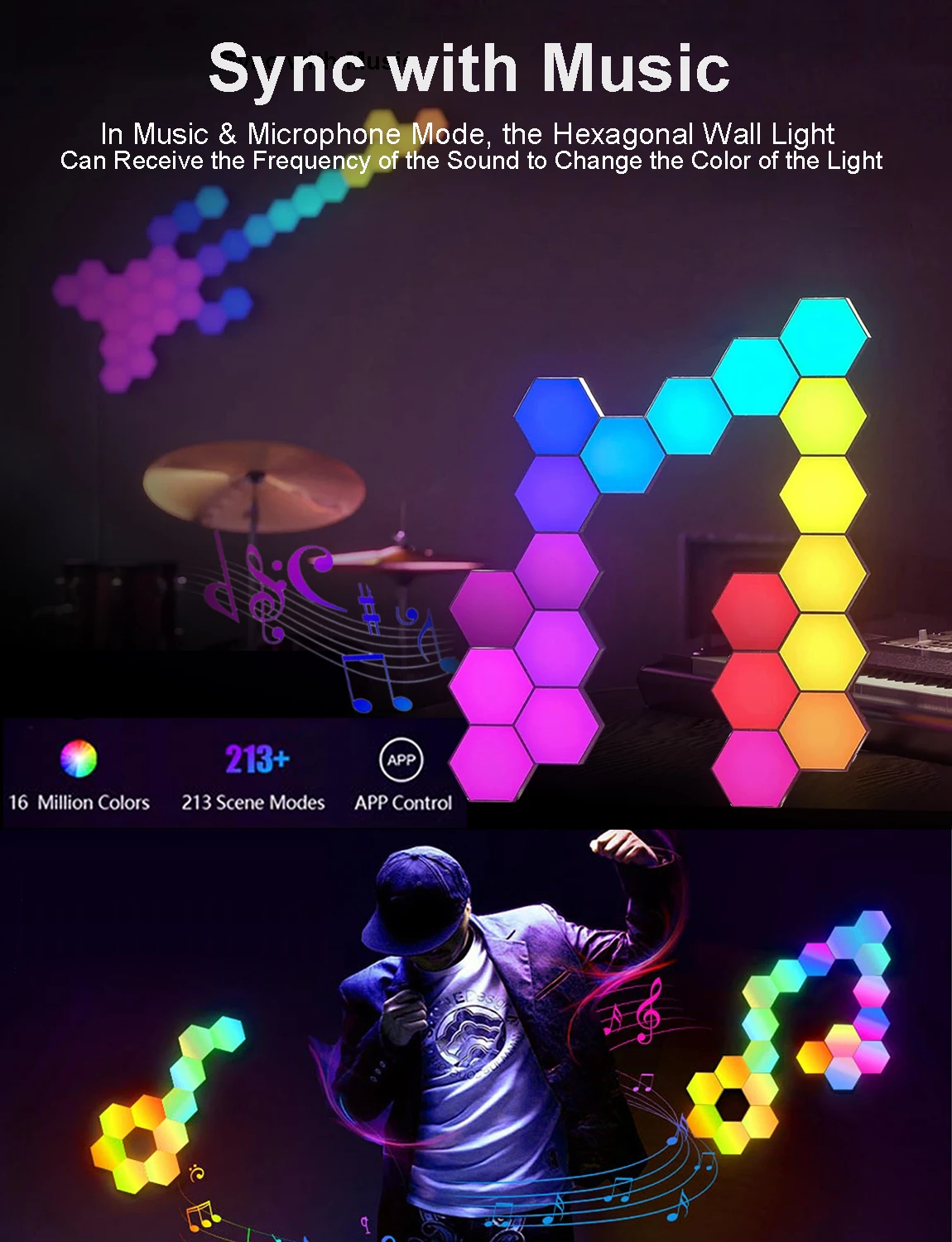 Fivemi RGB Inteligentna sześciokątna lampa ścienna zmieniająca kolor Ambient Night Light Hexagonal DYI Music Rhythm APP Control Pokój gier Sypialnia