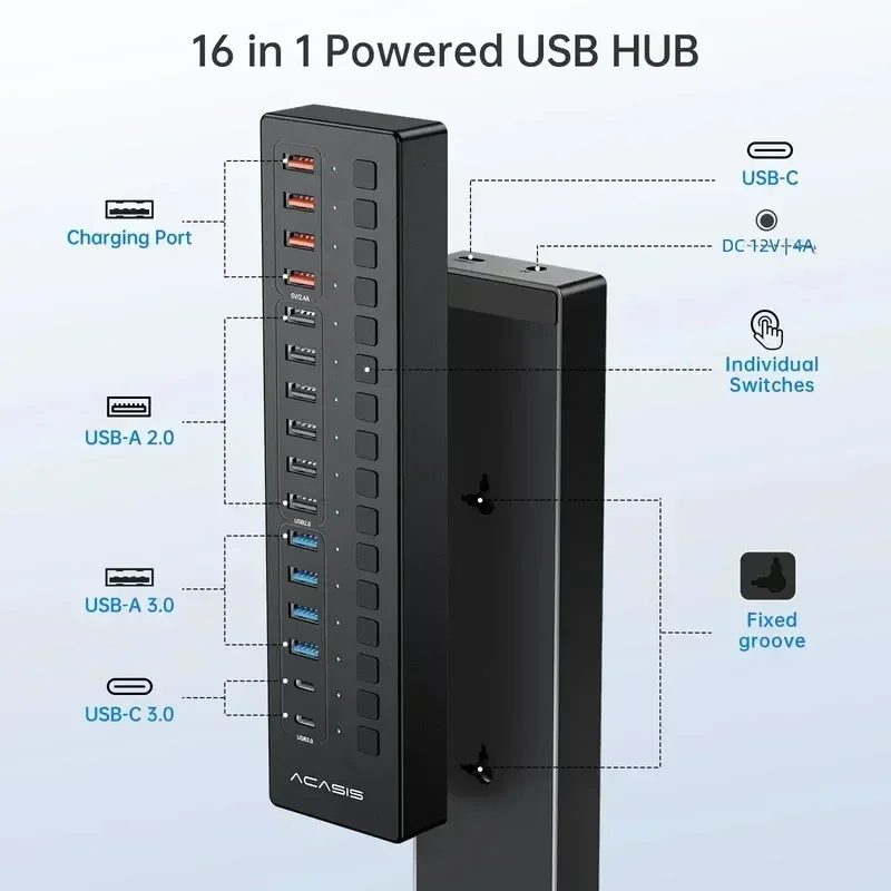Acasis 16Ports USB Hub 3.0/2.0 Smart Fast Charging Splitter Expander for Laptop Keyboard Mouse Data Transfer Multiple Adapter