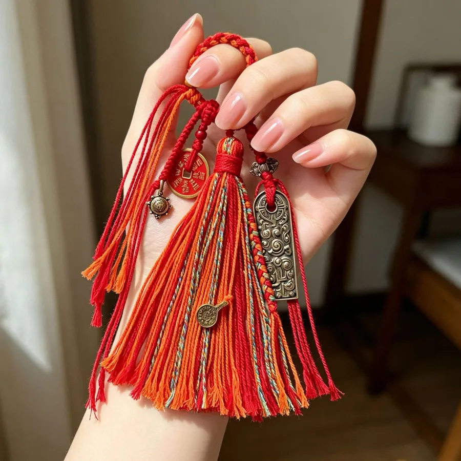Tibetische Quaste mit Kupfermünzen und Perlen, Vajra-Stößel-Anhänger, gewebtes Lanyard, DIY-Schlüsselanhänger, Handyriemen, Taschen- und Auto-Hängeaccessoire – Detail 36