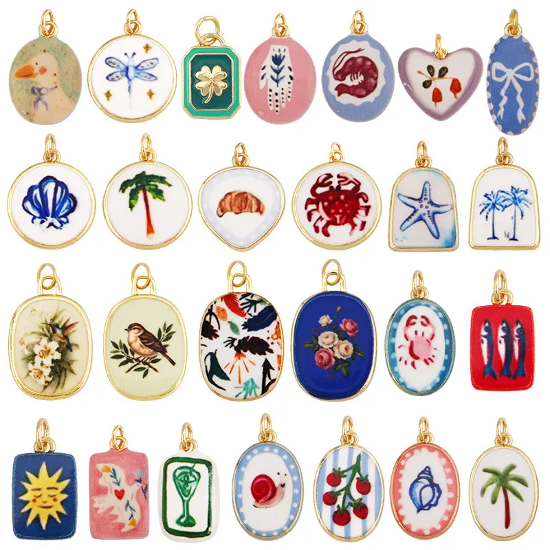 Image of 2 Stück/Set Kokosnussbaum Sonnenfisch Vogel Blume Muschel Cocktail Wein Croissant Schleife Ballon Hummer Schnecke Krabbe Kirsche Anhänger R59