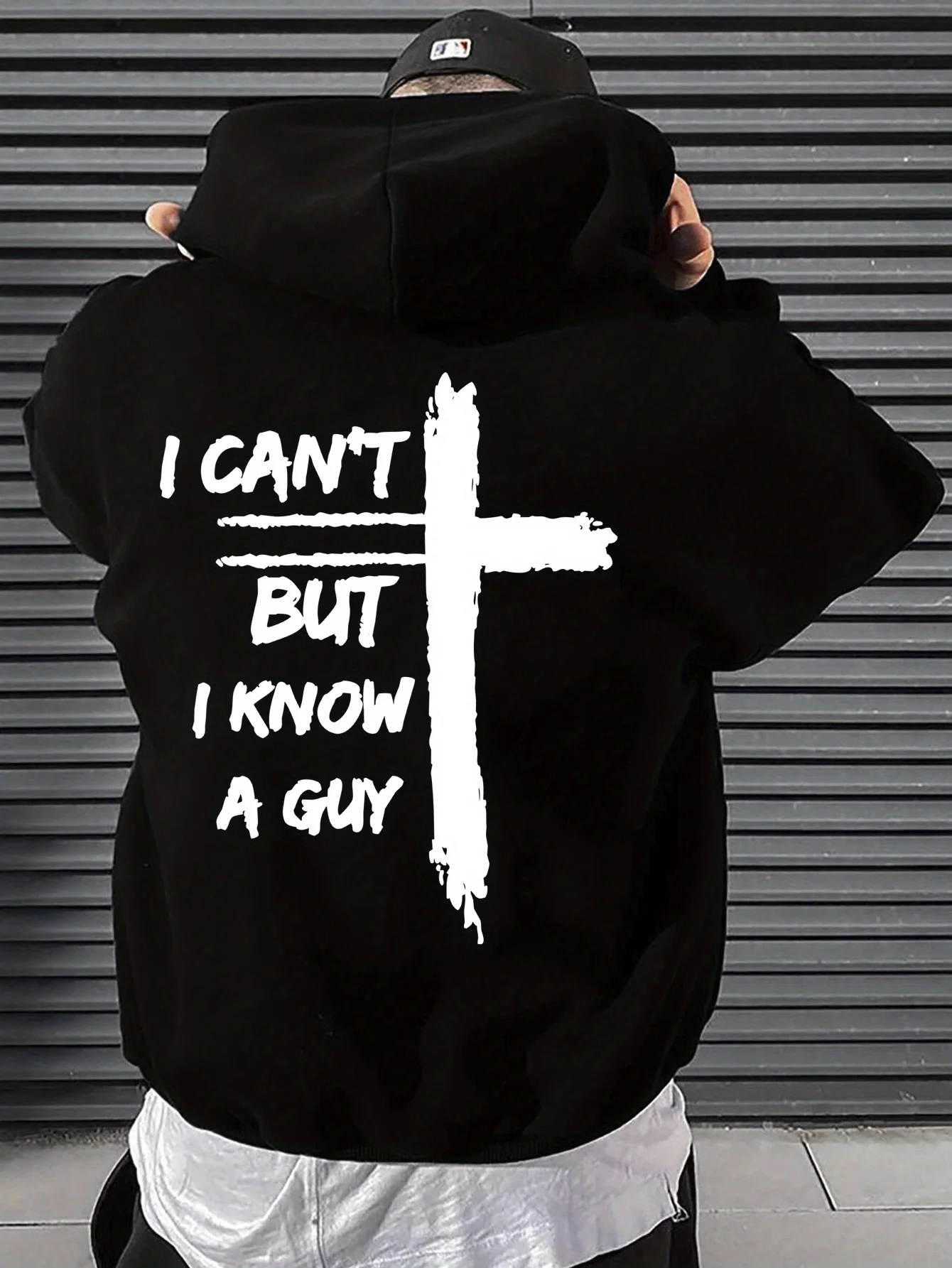 

Fun Christian Belief Hoodie - With the slogan "I can't but I know someone" and cross design, for a casual look.
