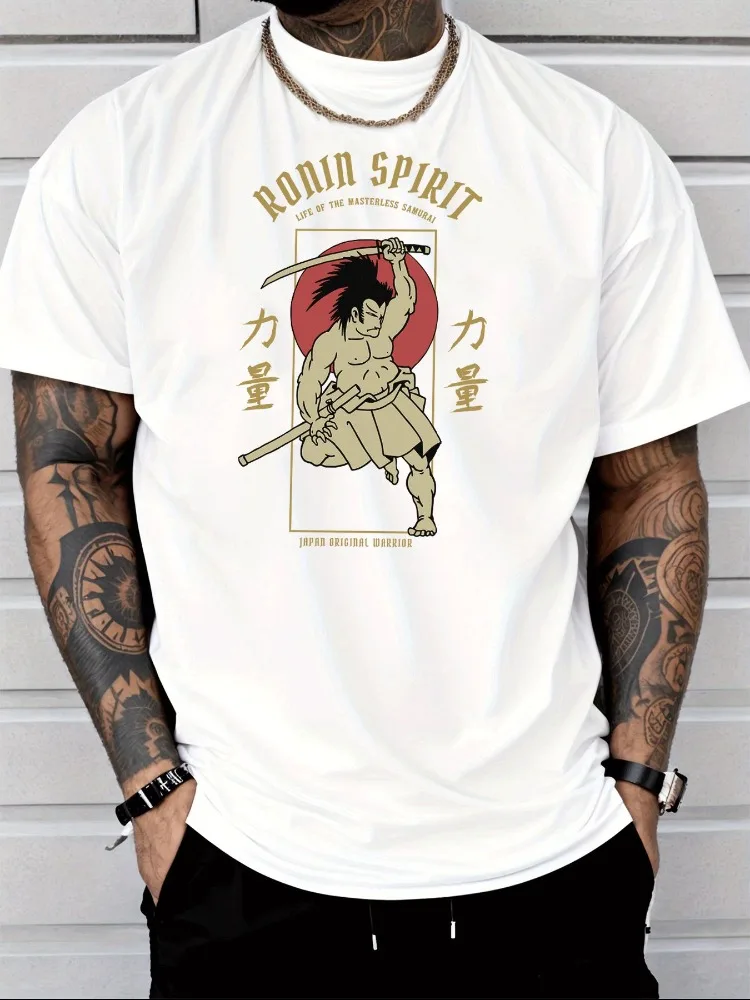 Men Summer Cotton Short Sleeve T Shirt Ronin Spirit Samurai Warrior Kanji Sun Print Crew Neck Japanese Street Casual Male Tee