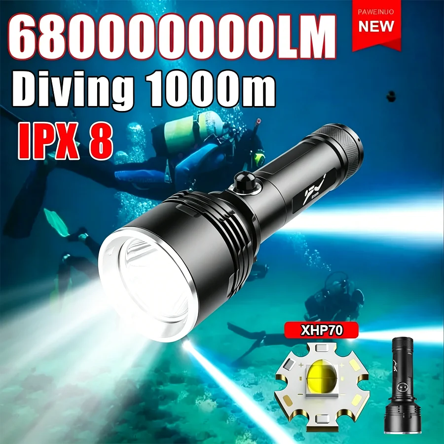 680000000LM High Power Diving Flashlight Professional Dive Lantern IPX8 Waterproof Underwater Torch Fishing Lamp with Hand Rope