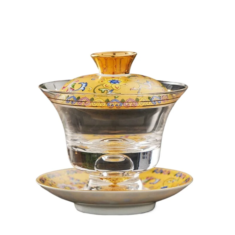 Large Glass Gaiwan with Enamel Painting and Tea Tray for Kung Fu Tea Brewing and Gifting with Gift Box