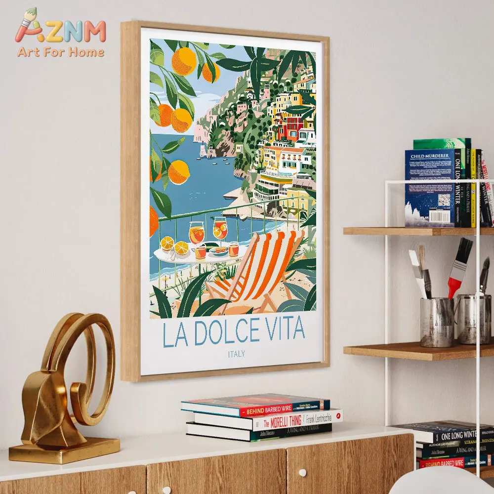 AZNM La Dolce Vita Amalfi Coast Italy Travel Canvas Wall Art, Colorful Italian Coastal Town Lemon Print Poster, Unframed Waterco